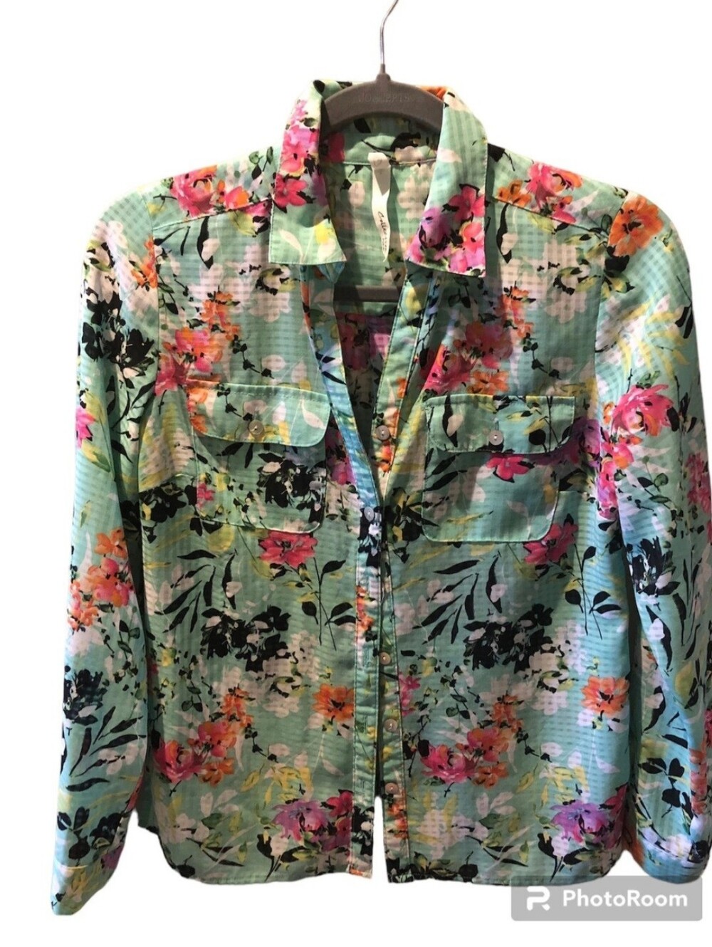 NY Collection Womens Green Long Sleeve Floral Top Size PS